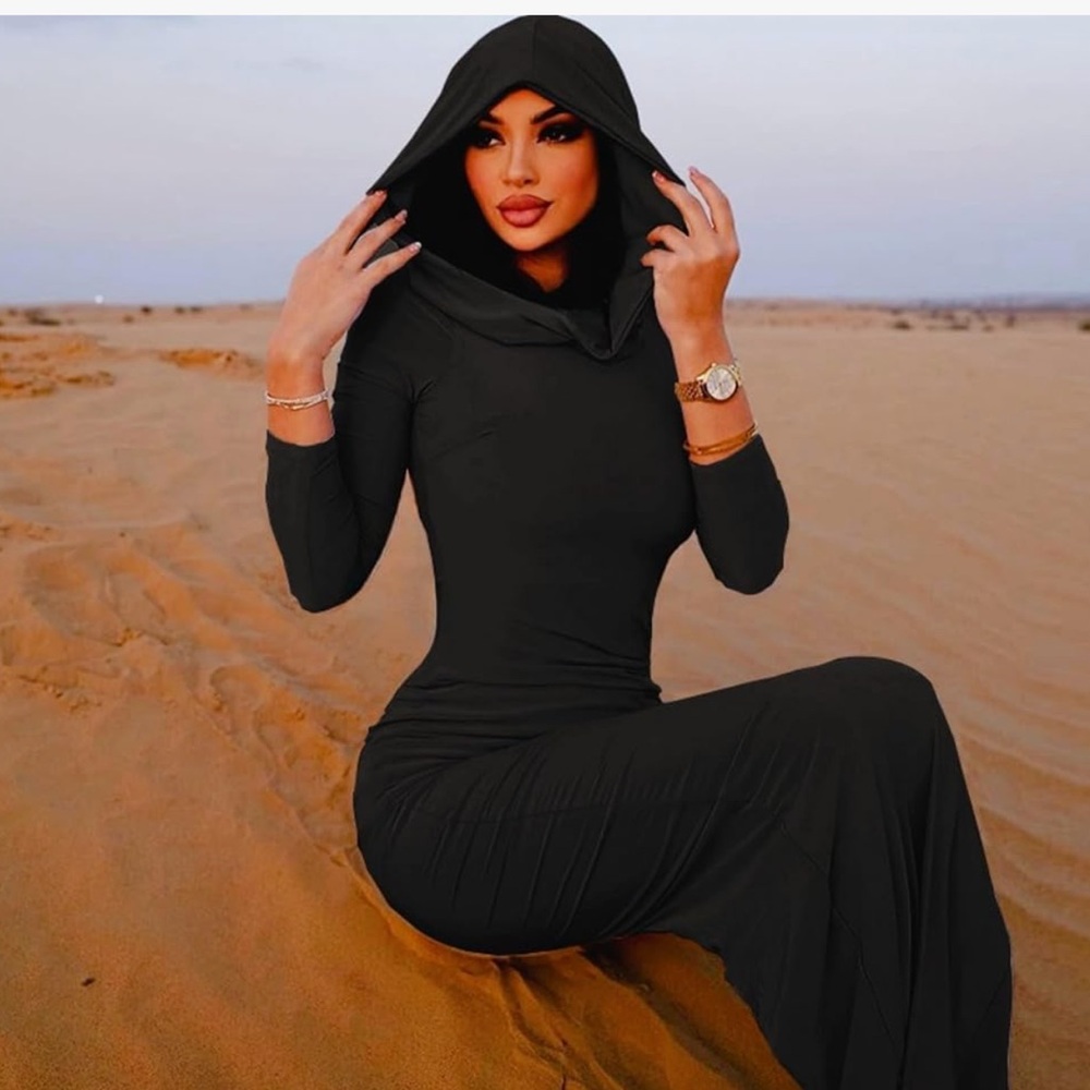 Black hooded bodycon dress long sleeve sexy maxi slit wasteland apocalypse goth - Picture 1 of 10